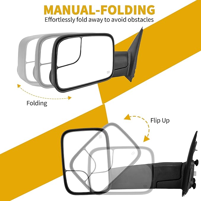 DWVO Side Towing Mirror Compatible with 2002-2008 Dodge Ram 1500, 2003-2009 Dodge Ram 2500 3500 Pickup Truck, Power Adjustable Heated, Manual Folding Flip-up Door Mirror