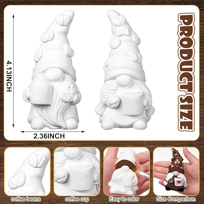 Hollowfly 2 Set Ready to Paint Your Own Gnome Statue 4" Mini Paintable Ceramics Blank Gnome Figurine Brush Palette Paint for Halloween Craft DIY Art Adult Employee Appreciation Gift (Coffee Style)