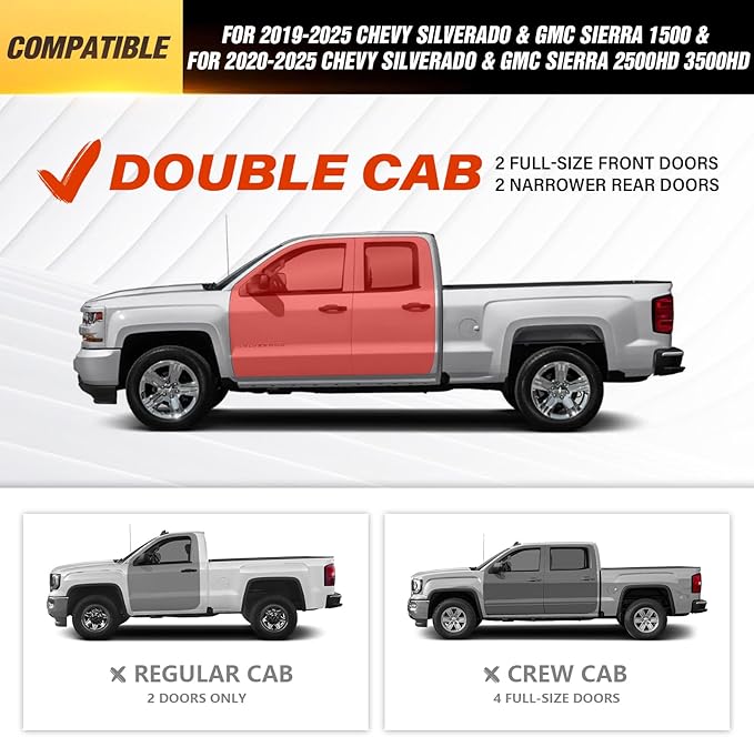 Three Raised Steps Running Boards Compatible with 2019-2025 Chevy Silverado & GMC Sierra 1500, 2020-2025 Chevrolet Silverado/GMC Sierra 2500 3500 HD Double/Extended Cab Side Step Nerf Bar