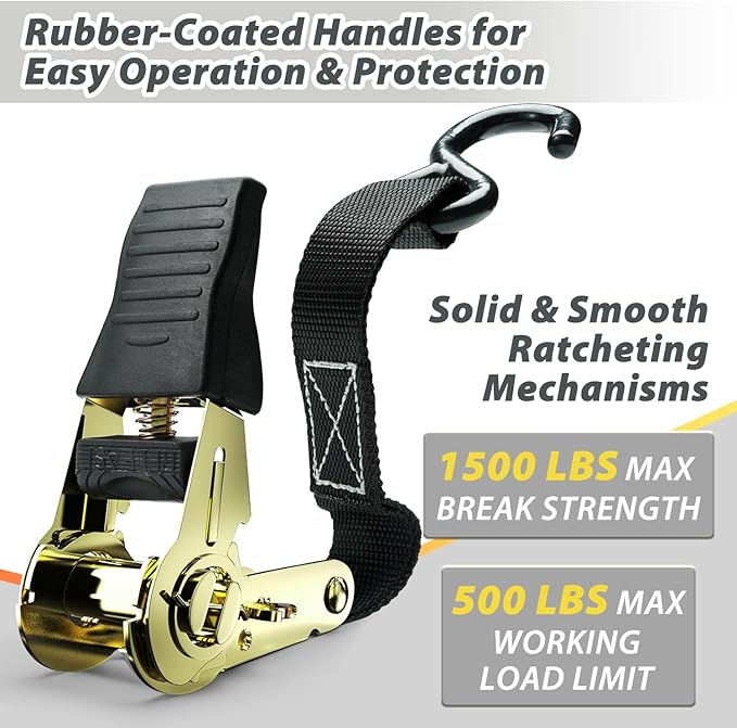 Ratchet Tie Down Strap 8-Pack 15 Ft - 500 lbs Load Cap with 1500 lbs Breaking Limit, Ohuhu Ratchet Tie Downs Logistic Cargo Straps for Moving Appliances, Motorcycle, Black