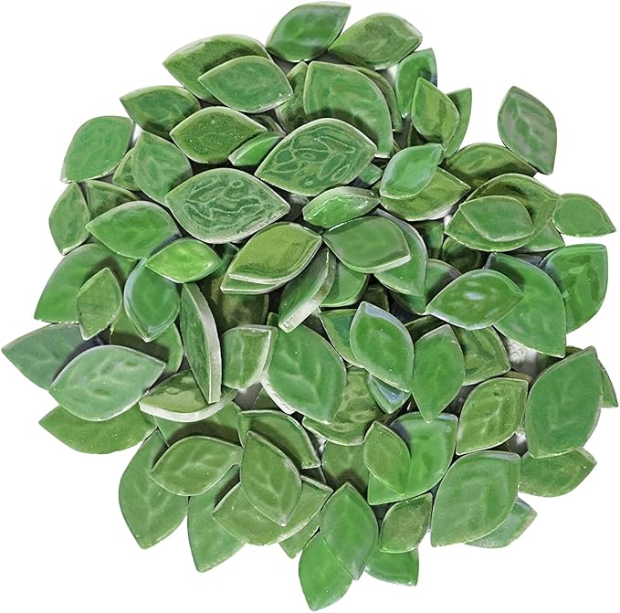 1.1LB Random Iridescent Leaves Ceramics Mosaic Tiles, Making Creative 3 Size Ceramic Mosaic Pieces for DIY Craft,Flowerpots, Vases, Cups, Garden Decor Mosaic Making Supplies (Green)
