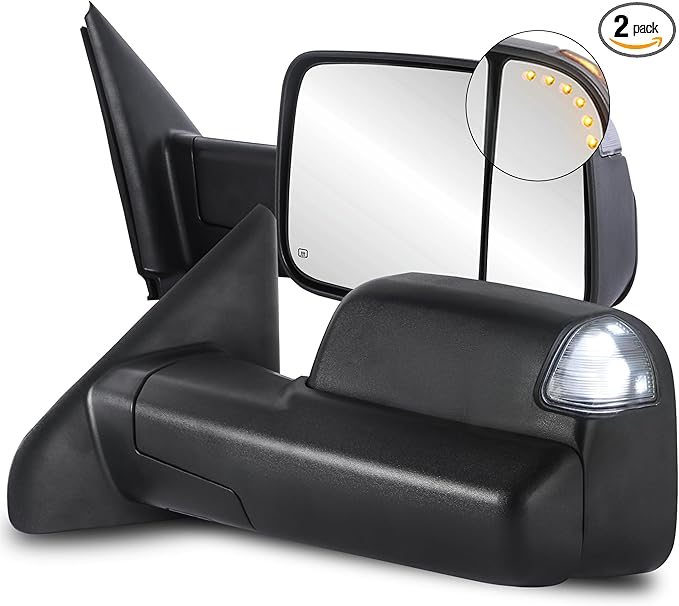Pair Black Power Heated Towing Mirrors Compatible for 2002-2008 Dodge Ram 1500/2003-2009 Ram 2500 3500 w/White DRL, Arrow Light, Led Turn Light