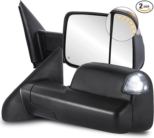 Pair Black Power Heated Towing Mirrors Compatible for 2002-2008 Dodge Ram 1500/2003-2009 Ram 2500 3500 w/White DRL, Arrow Light, Led Turn Light