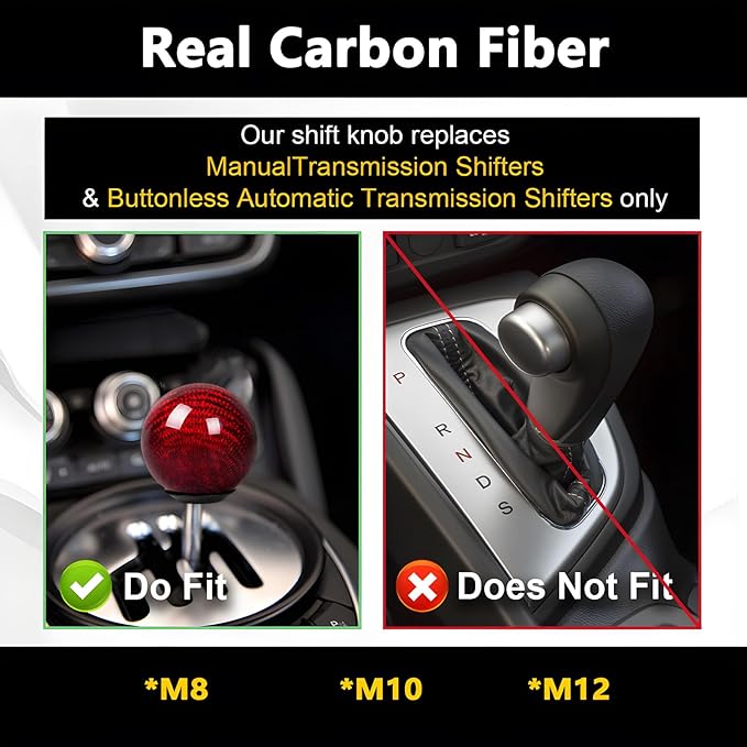 Real Carbon Fiber Shift Knob Gear Shifter Knobs with 3 Adapters Round Ball for Most Manual Car Universal Gear Shift Knob (Red)