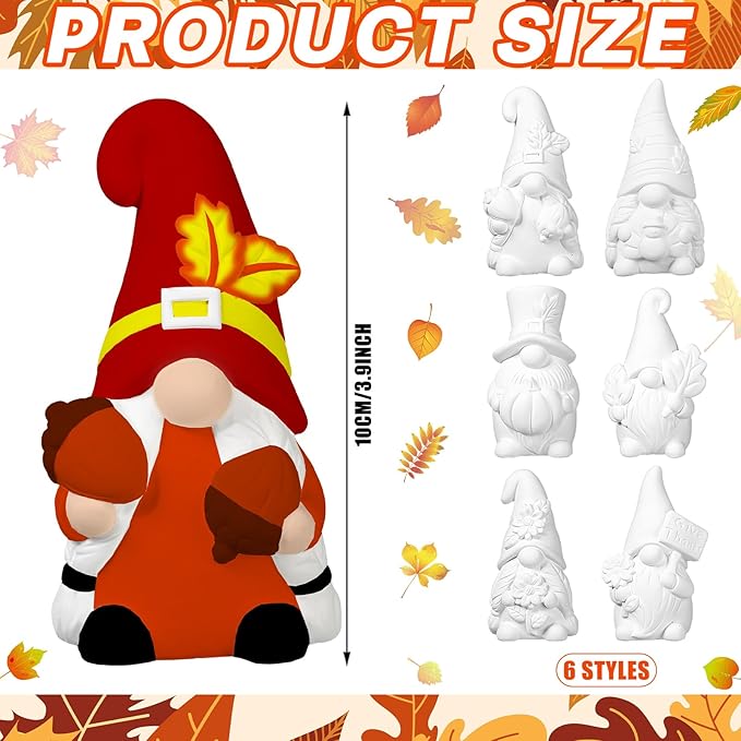 Eersida 6 Sets Fall Gnome Ceramics to Paint Thanksgiving Ready to Paint Your Own Ceramic Autumn Pumpkin Gnome Statues DIY Unpainted Ceramics Paintable Figurines Kit Crafts with Brush Palette