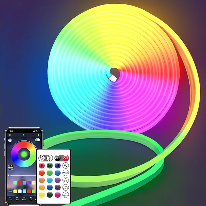 16.4FT DC24V RGB LED Neon Rope Lights with Remote/APP Control, Waterproof, Flexible, Multicolor, Modern Style for Bedroom, Room, Outdoors, Christmas Decor