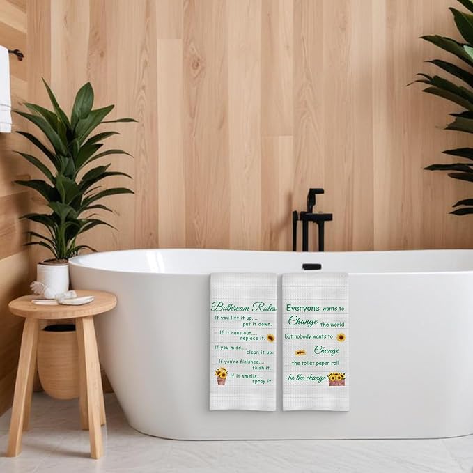 Funny Bathroom Rules Decorative Hand Towels Set of 2, Rustic Farmhouse Hand Towels for Bathroom Decor, 16x24 Inch(Sunflower Style)