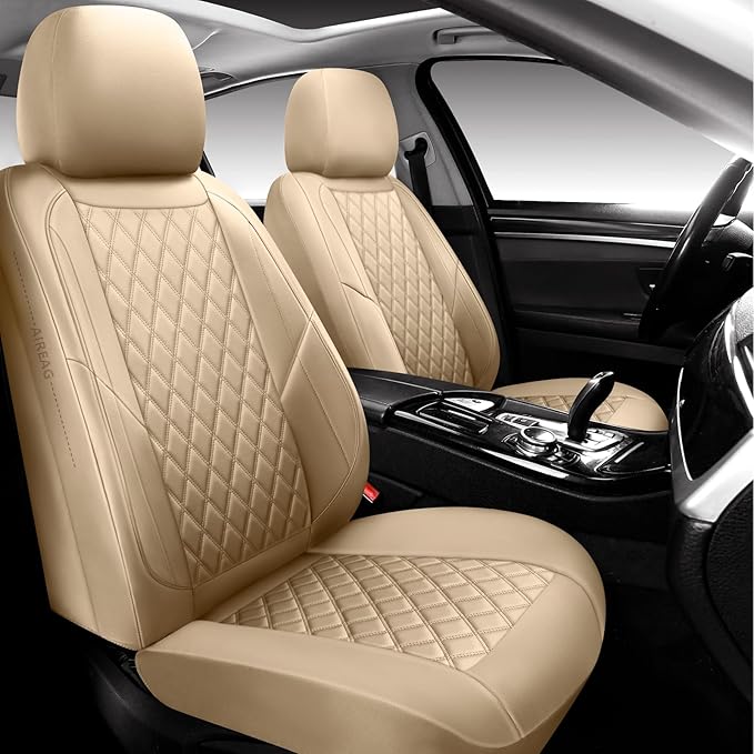 Premium Leather Car Seat Covers Front Pair,Universal Fit for Cars,Trucks&SUVs,Waterproof Car Seat Cushion,Full Coverage Car Seat Protector with 2 Seats,Beige