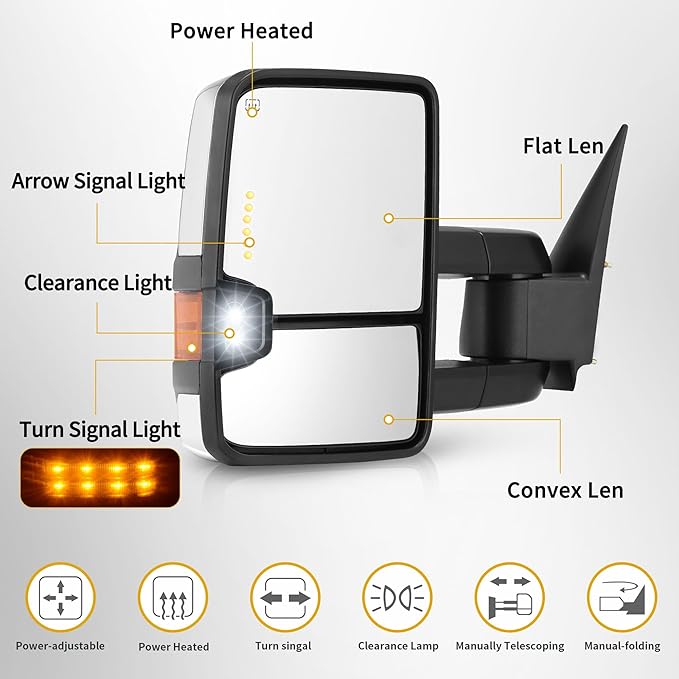 DWVO Towing Mirrors Compatible with 03-06 Silverado GMC Tahoe Sierra Suburban Avalanche, 03-06 Yukon XL Denali Escalade, LED Arrow Turn Signal Chrome Heated Adjustable Power