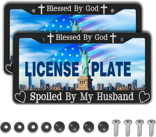 License Plate Frames Black and White Front License Plate Bracket Blessed by God Spoiled by My Husband Aluminum Metal Car Accessory 2 Pack with Screw Covers Set
