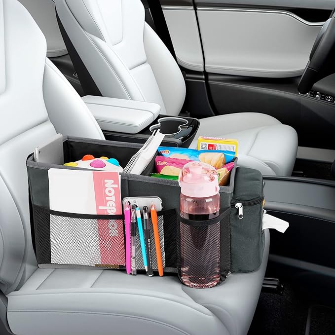Car Back Seat Organizer - Road Trip Essentials Kids, Automotive Organization Car Accessories for Women Men Interior with Cup Holders, Tissue Box, Mesh Pockets, Grey