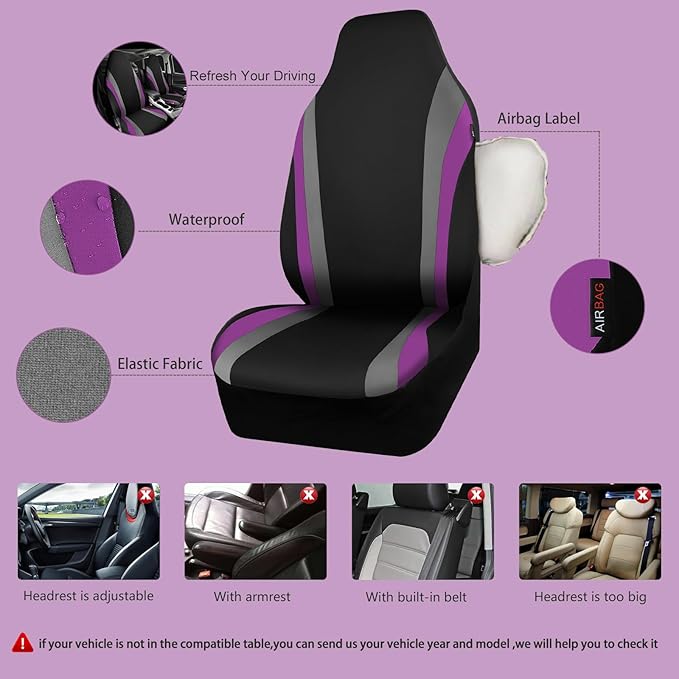 CAR PASS AquaShield Neoprene Waterproof Car Seat Covers Front Seats Only, High Back Bucket Seat Cover,Airbag Compatible,Seat Covers for Women Girl, Universal Fit for Auto Truck Van SUV (Black Purple)