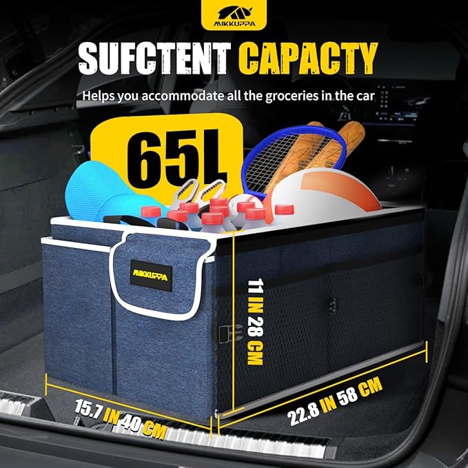 MIKKUPPA Car Trunk Organizer - 65L Collapsible Trunk Organizer with Lid, Sturdy Car Storage for SUV Auto Truck Van with Adjustable Straps and Non Slip Bottom (Blue)