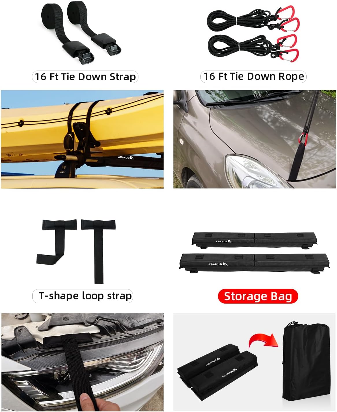 Abahub Soft Roof Rack Pads with 2 Tie Down Straps, 2 Tie Down Ropes, 2 Hood Loops and Storage Bag, for Surfboard, Kayak, Canoe, Heavy Duty Universal Car Roof Racks System (Use with Cross Bar)