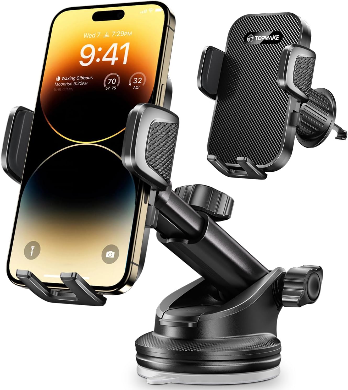 Topmake Car Phone Holder Mount,【2025 Upgrade】 3-in-1 Cell Phone Holder for Car, Dashboard Windshield, Suction Cup Hands-Free Car Phone Stand, Automobile Cradles Universal,Black