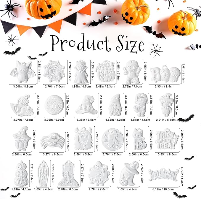 Seenelling 24 Sets Halloween DIY Painting Kits Paint Your Own Ceramics Pumpkin Ghost Unpainted Plaster Statues Arts and Crafts with Brush, Lanyard for Kids Halloween Gifts Party Decor (Classic)