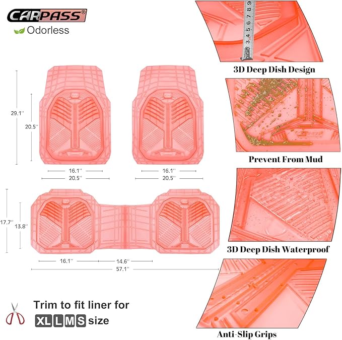 CAR PASS Heavy Duty Rubber Car Mats, Deep-Dish All Weather Car Floor Mats Girly for Women, Universal Trim-to-Fit for SUVs Trucks Sedans, Waterproof Anti-Slip, 3 Pieces Transparent Pink