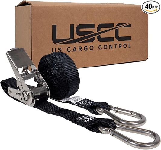 US Cargo Control Stainless Steel Ratchet Straps with Carabiner Hooks 1" X 10' (40-Pack), 500 LBS Break Strength, Marine Tie Down Straps for Boats, ATVs, Trees, Camping, Snow, Saltwater Applications