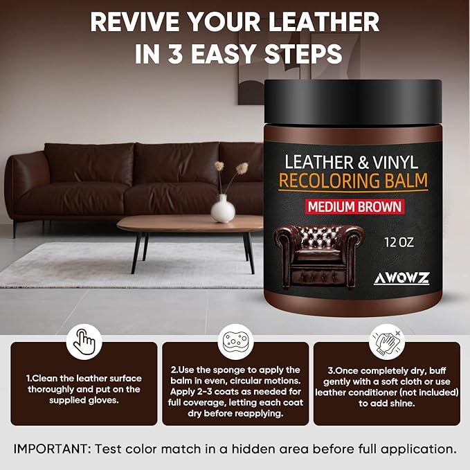 Leather Recoloring Balm - Scratch Repair & Color Restore Kit for Faded Leather, Leather Couch & Car Seats - 12OZ Leather Restorer Balm for Furniture, Auto Interior, Vinyl, Accessories (Medium Brown)