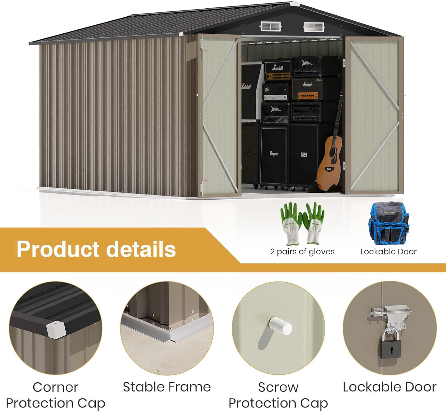 Patiowell 12 x 8 FT Outdoor Storage Shed, Steel Shed Storage House with Design of Lockable Doors, Utility and Tool Storage for Garden, Patio, Backyard, Outside use, Brown