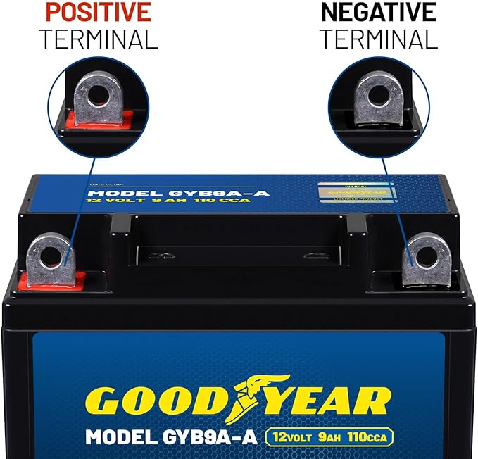 Goodyear GYB9A-A - 12 Volt 9 AH, 110 CCA, Rechargeable High-Performance, Maintenance Free, SLA - AGM Battery for Motorcycle, ATV, UTV, Scooter, Snowmobile, Motorbike and more!