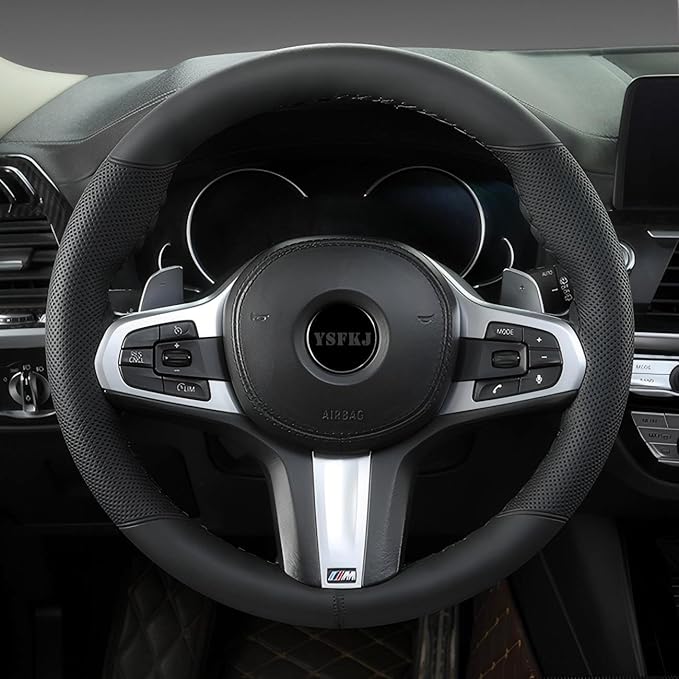 Black Leather Steering Wheel Cover, Stitch On Wrap, Breathable Cowhide Car Steering Wheel Cover, Standard Size 15 Inch (Type B)