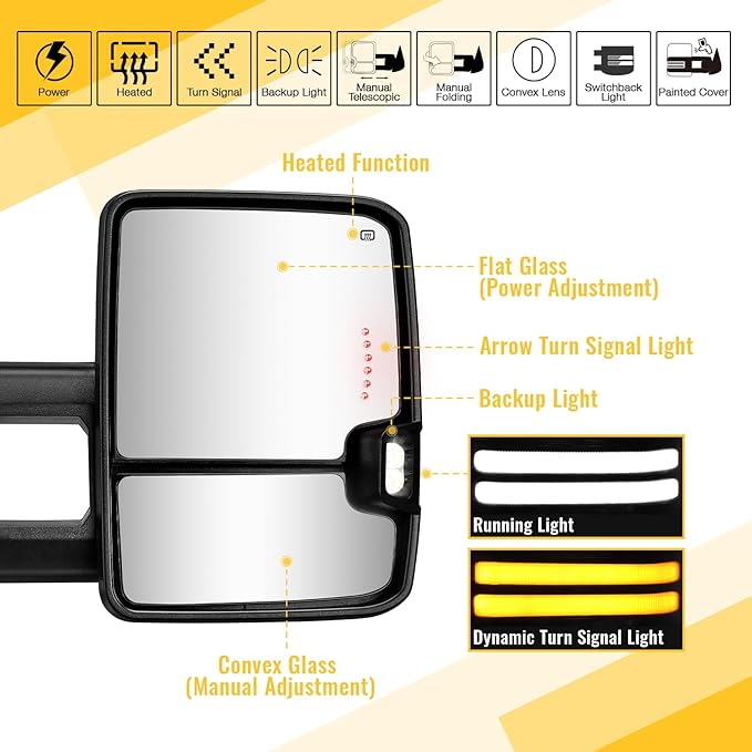 Sanooer Towing Mirrors Painted White Switchback Dynamic Turn Light Compatible with 2007-2013 Chevy Silverado Suburban Tahoe GMC Sierra Yukon with Running Lights Power Glass Backup Lamp Heated Set