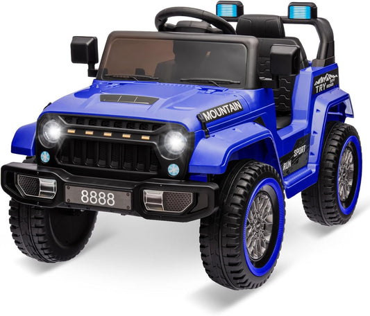 12V Kids Ride on Truck Car, 4 Wheeler Electric Vehicles with Remote Control, Spring Suspension, 3 Speeds, LED Lights, Music, MP3, Battery Powered Ride on Toy Gift for Boys Girls, Dark Blue