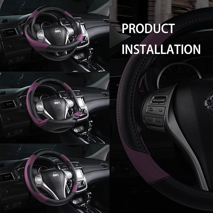Leather Car Steering Wheel Cover, Non-Slip Car Wheel Cover Protector Breathable Microfiber Leather Universal Fit for Most Cars (Purple-2)