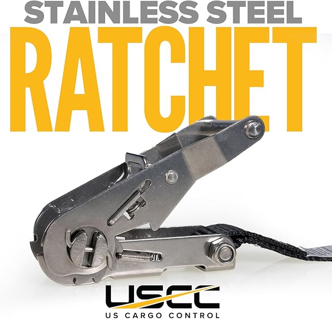 US Cargo Control Stainless Steel Ratchet Straps with S-Hooks 1" X 10' (30-Pack), 765 LBS Break Strength, Marine Tie Down Straps for Boats, ATVs, Trees, Camping, Snow, Saltwater Applications