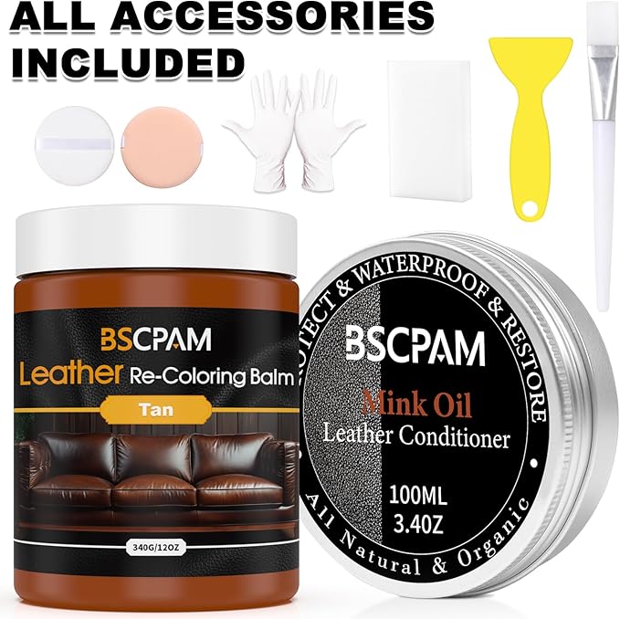12oz Leather Recoloring Balm & 3.4oz Mink Oil Leather Conditioner kit,Tan Leather Color Repair Kits for Couches, Leather Couch Paint Scratch Repair for Furniture Car Sofa Shoes Leather Dye