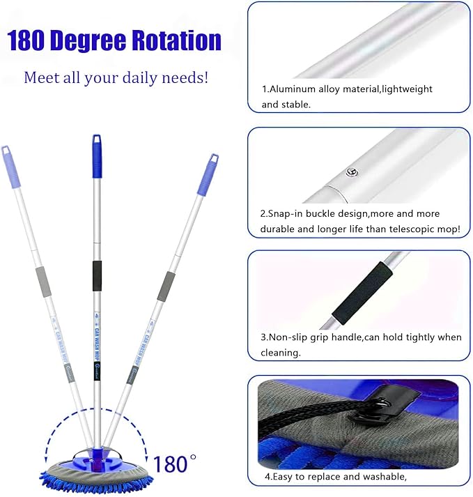 62" Car Wash Brush Mop Kit with Long Handle, 2 in 1 Chenille Microfiber Sponge Mitt Cleaning Detailing Duster for Washing Cars Truck SUV RV Caravans and Household(2 x Mop Head) (Blue)