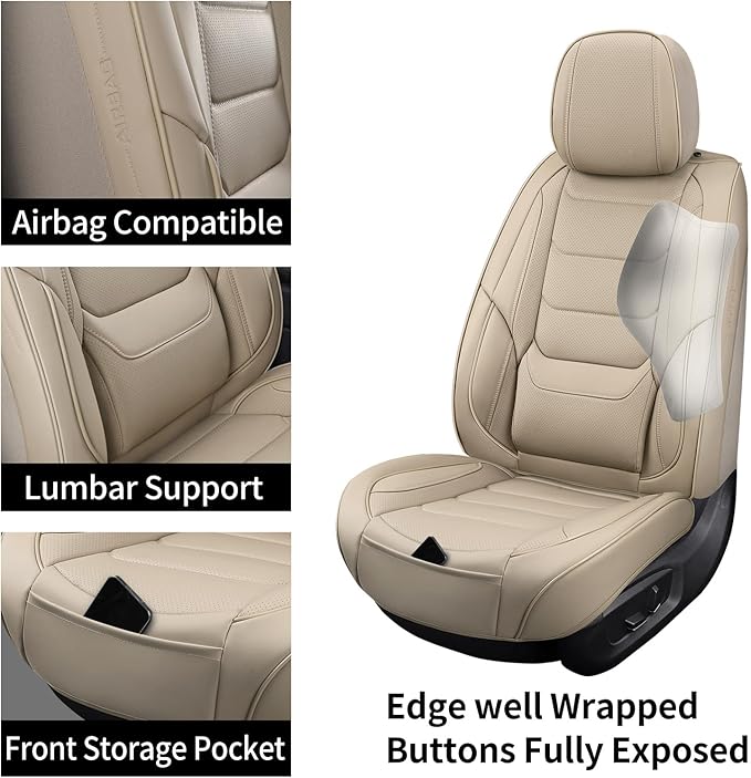 Leather Car Seat Covers Full Set Breathable Automotive Seat Covers Waterproof Seat Protectors Universal Fit for Most Automotive Cars SUV Trucks(Beige, Full Set)