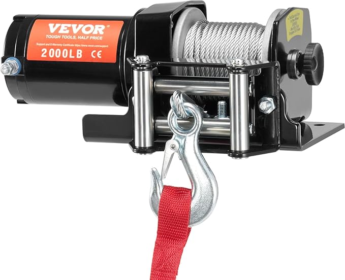 VEVOR ATV Winch, 2000 lb Electric Winch, 12V Small ATV UTV Winch with 5/32 in x 39 ft Steel Cable Roller Fairlead Wired Remote Control, IP55 Waterproof for Towing UTV ATV Car Vehicle Off-Road
