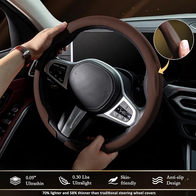 Aimato Nappa Leather Steering Wheel Cover, Ultra-Thin Car Steering Wheel Cover,Comfortable & Breathable Microfiber,Universal Fit for Most Cars,Brown