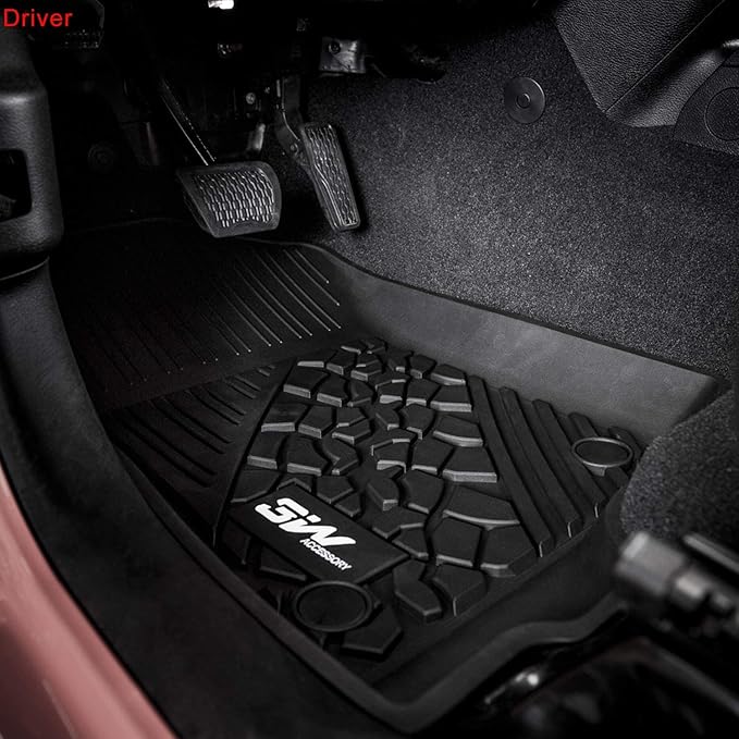 3W Floor Mats Fit for Jeep Wrangler 4XE 2021-2024 2025 Hybrid 4 Door (Non JL or JK), Black All-Weather TPE Floor Liner for 1st and 2nd Row Full Set Car Mats, Grey Logo