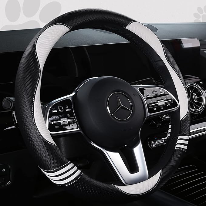 Car Steering Wheel Covers for Women Padded Carbon Fiber PU Leather Cute Auto Interior Accessories for Vehicle, Sedan, Universal, Anti Slip, White, Standard Size 14.5-15"(37-38cm)