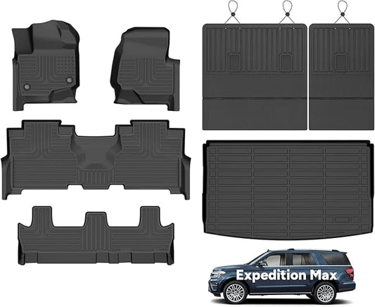 Wayhigh® Floor Mats & Backseat Cargo Liner for 2021-2025 Ford Expedition Max 8 Seats Bench Seating(Only Fit Max), All Weather Protection TPE Waterproof Floor Liners, Expedition Max Accessories