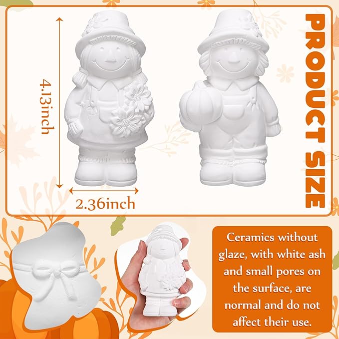 Seenelling 2 Pack Fall Thanksgiving Scarecrow Ready to Paint Your Own Statues 4'' DIY Unpainted Ceramics Figurines Kit Blank Paintable Ceramics Classroom Art and Crafts Decorations