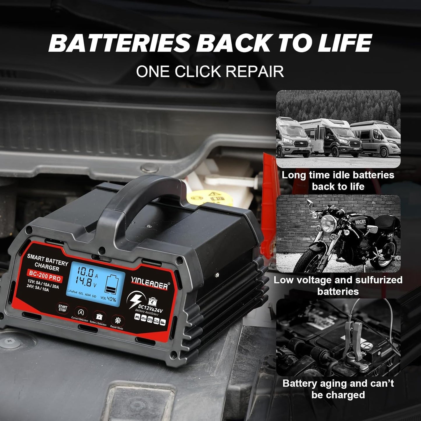 Battery Charger 20A, 12V/24V Lead Acid Smart Battery Charger, 12V LiFePO4 Car Battery Trickle Charger, Automatic Battery Maintainer for Car Motorcycle Lawn Mower Marine Boat Lead Acid Batteries