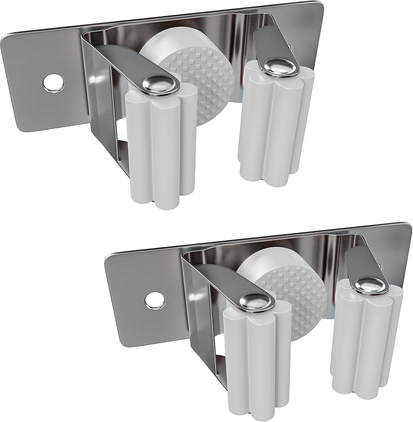 Self Adhesive Broom and Mop Holder Wall Mounted – SUS304 Stainless Steel 2-Slot Organizer with Anti-Slip Rubber Grips, 25lb Load, Adjustable for 0.6–1.4" Handles, Garage Kitchen Bathroom Use, 2 Pack