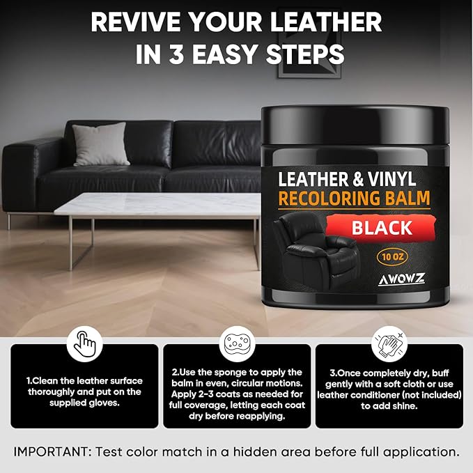 Leather Recoloring Balm - Scratch Repair & Color Restore Kit for Faded Leather, Leather Couch & Car Seats - 10OZ Leather Restorer Balm for Furniture, Auto Interior, Vinyl, Accessories (Black)