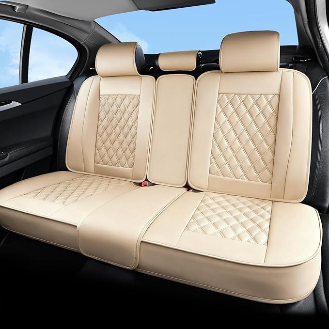 Huidasource Beige Car Rear Seat Covers, Nappa Leather Back Seat Cover, Automotive Rear Bench Seat Cushion Cover Universal Fit for Most Cars Sedan SUV Pickup Truck (Back Row/Beige)