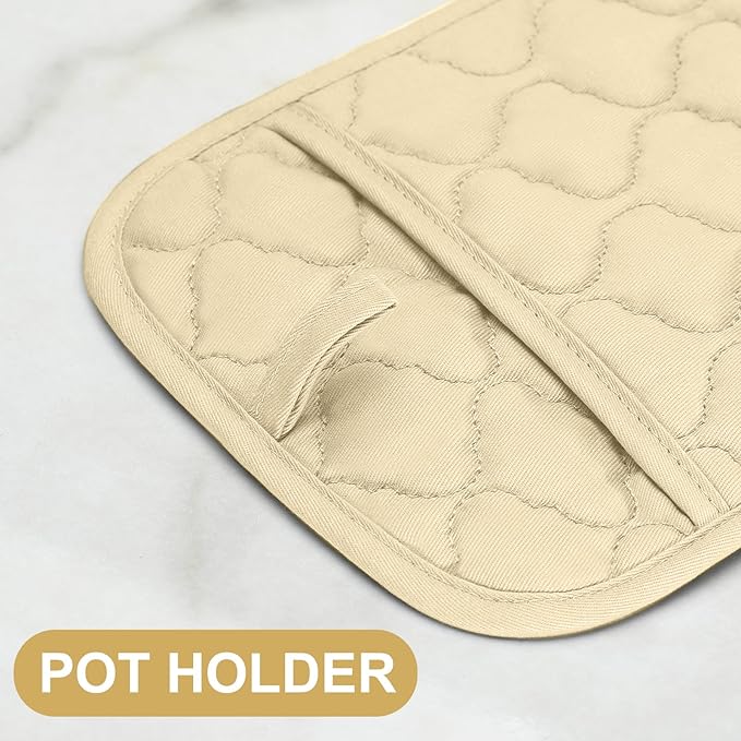 Oven Mitts Pot Holders Sets/Kitchen Towels and Dishcloths, Oven Gloves Kitchen Dish Towels 500 Degree Heat Resistant Potholders with Non-Slip Silicone Surface for Cooking, Grilling, Baking-Beige