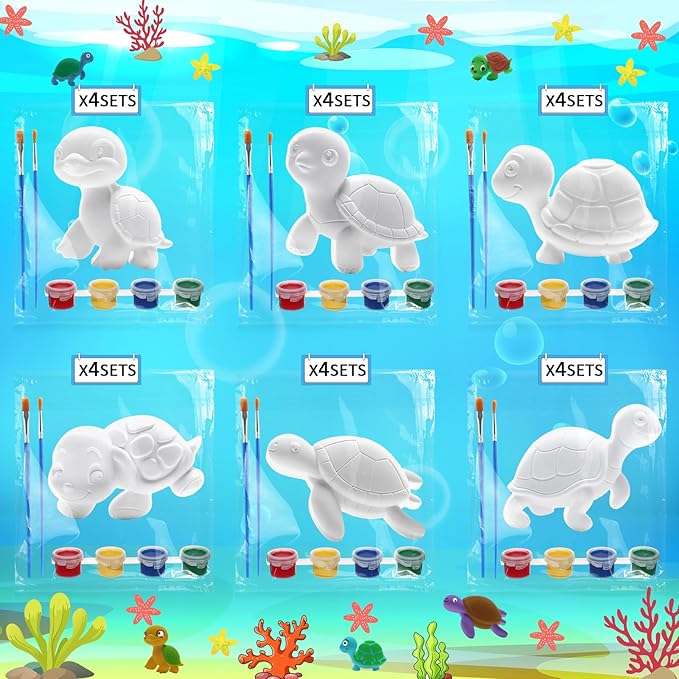 Foilswirl 24 Set Turtle DIY Painting Kit Ceramic to Paint Your Own Turtle Statues Unpainted Plaster Figurines with Brushes Acrylic Bags Arts and Crafts Kits Party Favor for Adults