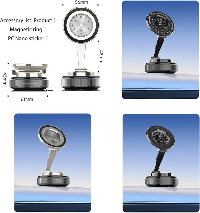 Magnetic Car Phone Holder for iPhone Magsafe, 360°Foldable Suction Cup Phone Mount, Stand for Desk with Clock Compatible with All Smartphones