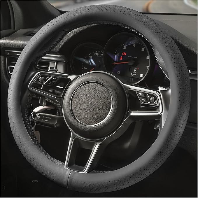 Genuine Leather Steering Wheel Cover for Men Women with Upgraded Silicone Inner Ring, Thin, Non-Slip, Breathable, Odorless, Universal 14.5-15 Inch (Pure Grey, Genuine Leather)