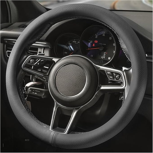 Genuine Leather Steering Wheel Cover for Men Women with Upgraded Silicone Inner Ring, Thin, Non-Slip, Breathable, Odorless, Universal 14.5-15 Inch (Pure Grey, Genuine Leather)