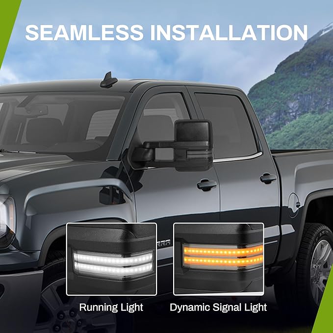 AUTOSAVER88 Towing Mirror Compatible with 2014-2018 Silverado Sierra 1500, 2015-2019 Silverado Sierra 2500 HD 3500 HD, Power Heated Switchback LED Turn Signal (Chrome inside) Manual Telescoping Black