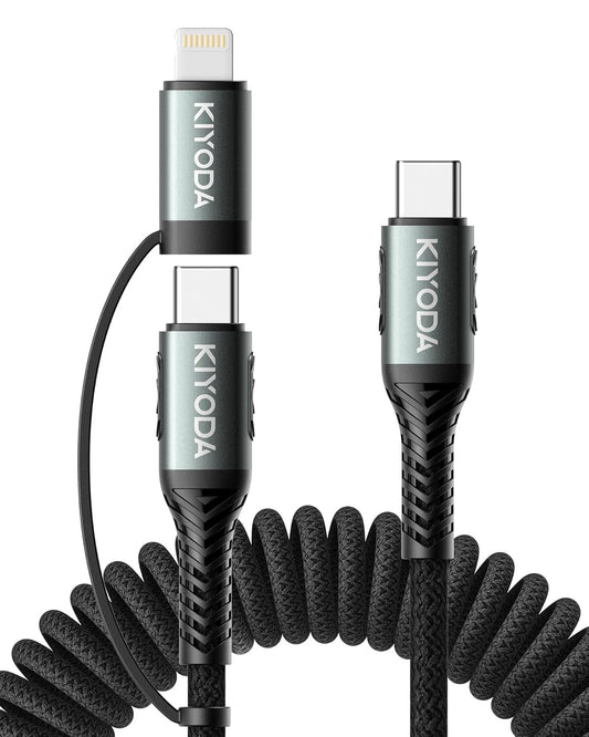 Coiled USB C to Lightning Cable 3FT, 2 in 1 iPhone 15 Charger Cord for Car Nylon Braided Multi Type C to TypeC Fast Charging Cables for iPhone 15 14 13 12 11 iPad, Samsung Galaxy Sony - 1Pack